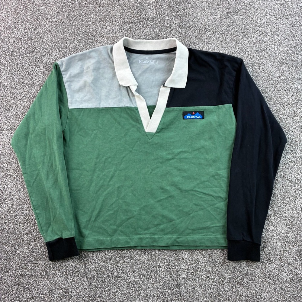 KAVU Rugby Shirt Women's Small Green Organic Cotton Color Block Long Sleeve Polo